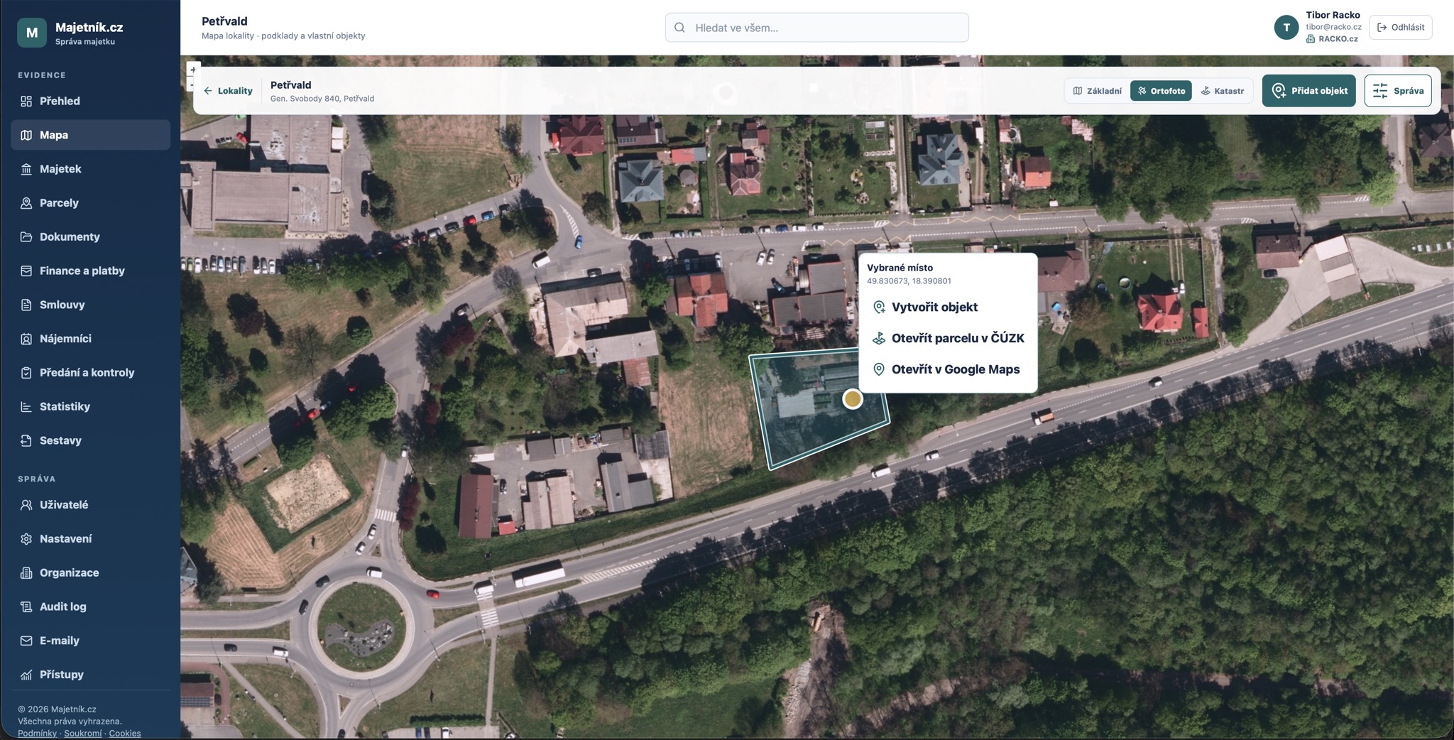 Majetník.cz – ortofoto mapa s vyznačeným pozemkem